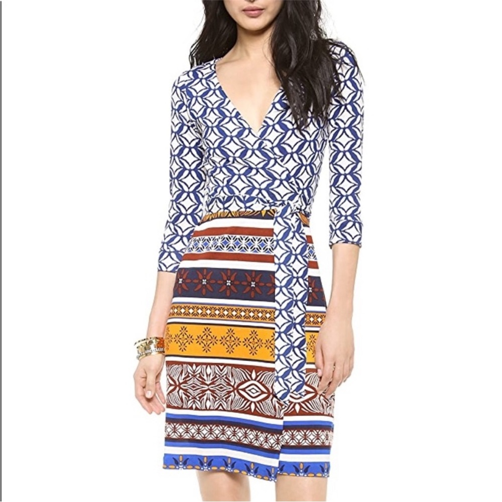 Diane Von Furstenberg Blue White Yellow Brown Patterned Wrap Dress